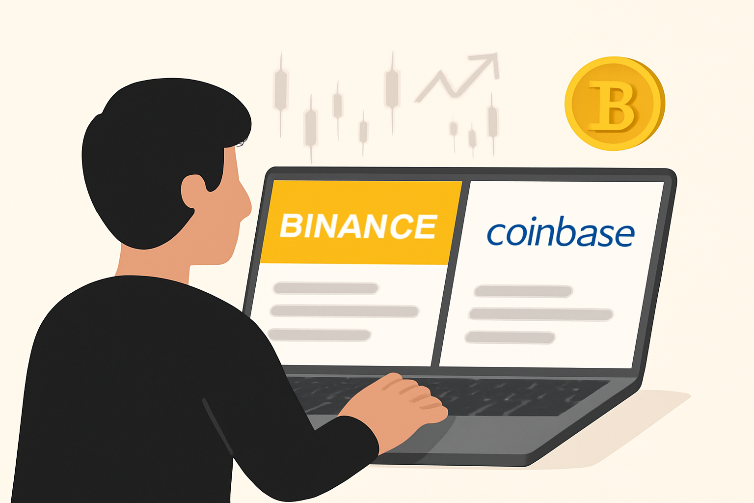 A person comparing Binance and Coinbase websites on a laptop, with gold tokens and digital charts in the background, modern and clean style