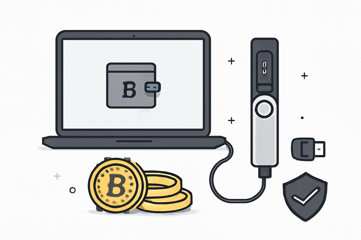 A hardware wallet device connected to a laptop, with gold tokens and a shield symbol, representing security and protection. Sleek, high-tech style.