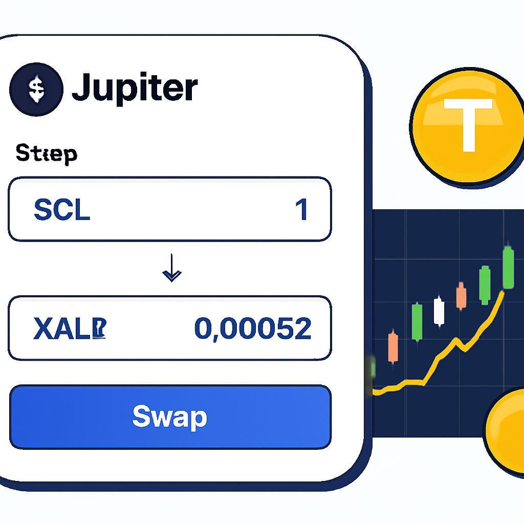 Jupiter DEX swap screen buying XAUT0 and GOLD on Solana, vibrant charts, gold token icons