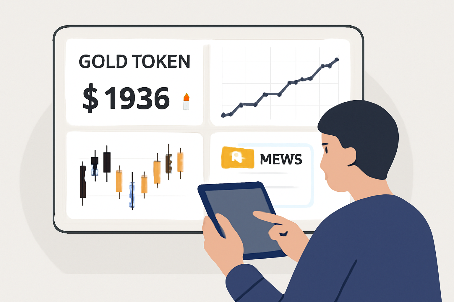 A dashboard displaying gold token prices, charts, and news alerts, with a person monitoring on a tablet, analytical and modern