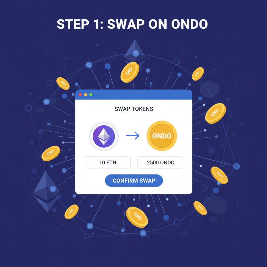 DeFi user swapping tokens on Ondo platform, gold coins minting, Ethereum blockchain animation