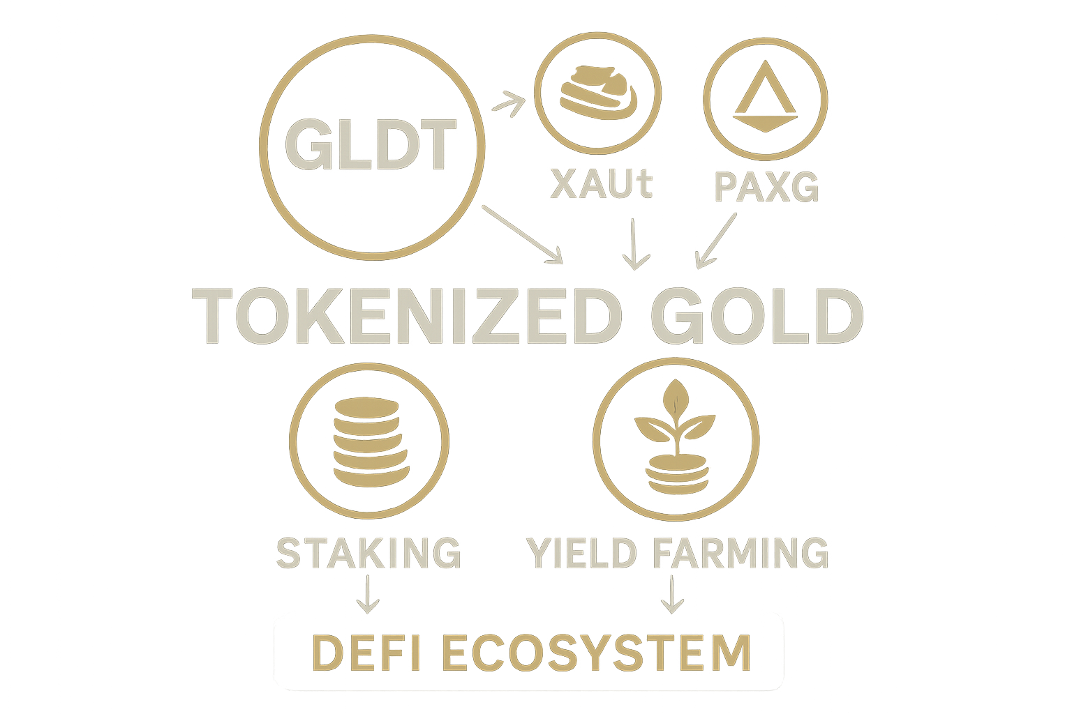 Infographic illustrating GLDT, XAUt, and PAXG tokenized gold assets and their integration within DeFi ecosystems, showing connections to staking, yield farming, and decentralized protocols.