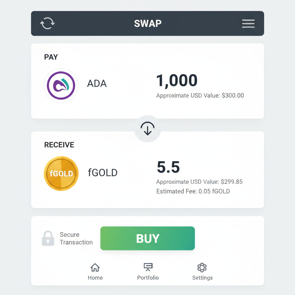 swap interface with ADA to fGOLD, amounts entered, green buy button, secure padlock icon
