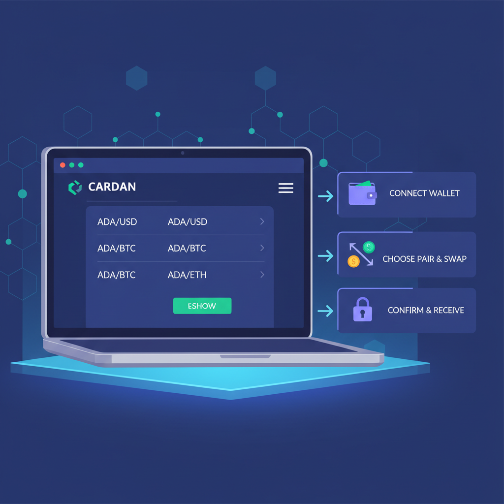 sleek Cardano DEX homepage on laptop screen, trading pairs visible, futuristic blockchain vibe