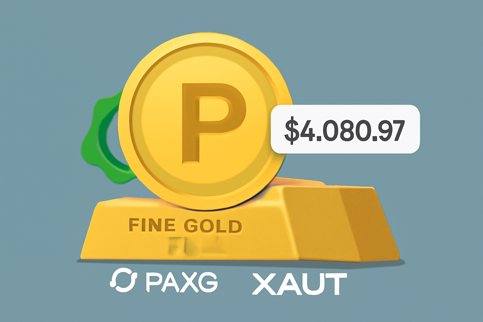 A digital gold token overlaying a physical gold bar, with logos for PAXG and XAUT, and a price tag showing $4,080.97. Modern, clean, and secure aesthetic.