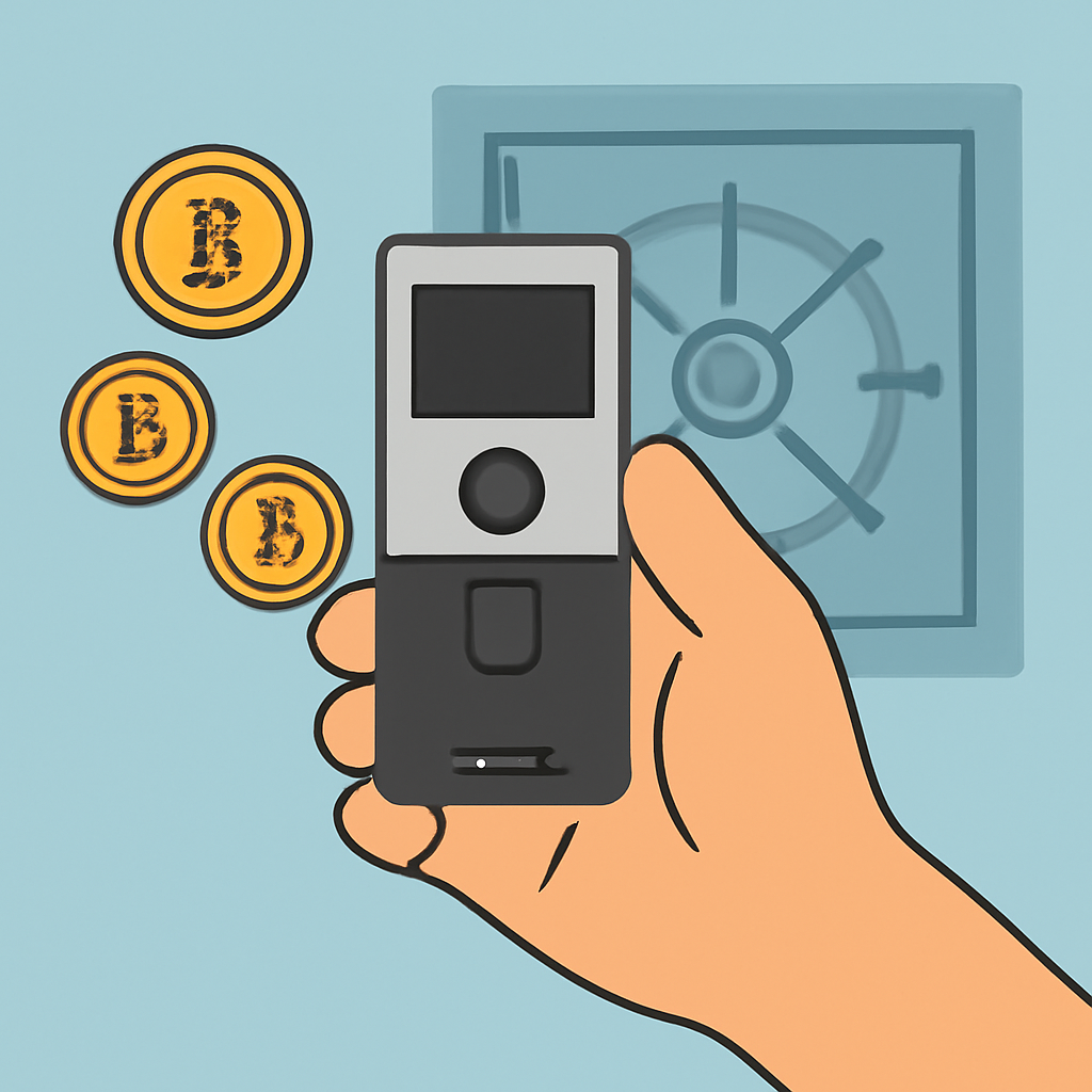 A hand holding a hardware wallet with gold token icons, a digital vault in the background, secure and reassuring vibe