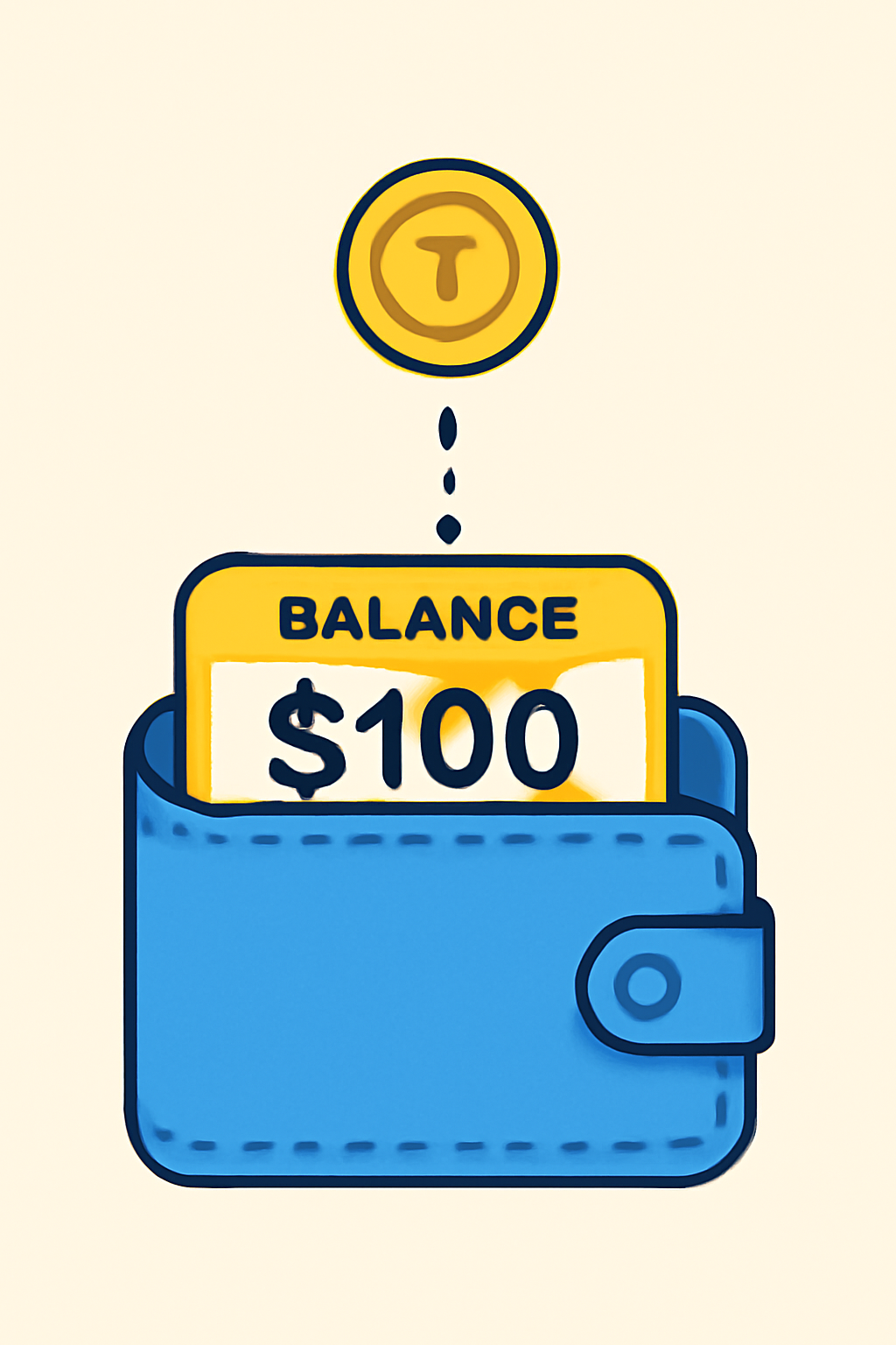 A digital wallet receiving funds, with a highlighted balance and a gold token symbol, clear and educational style