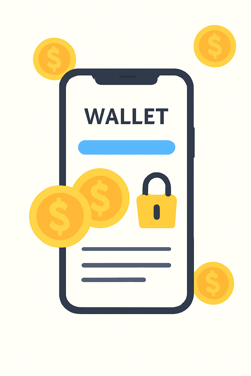 A sleek digital wallet interface on a smartphone with gold tokens and a secure lock symbol, emphasizing security