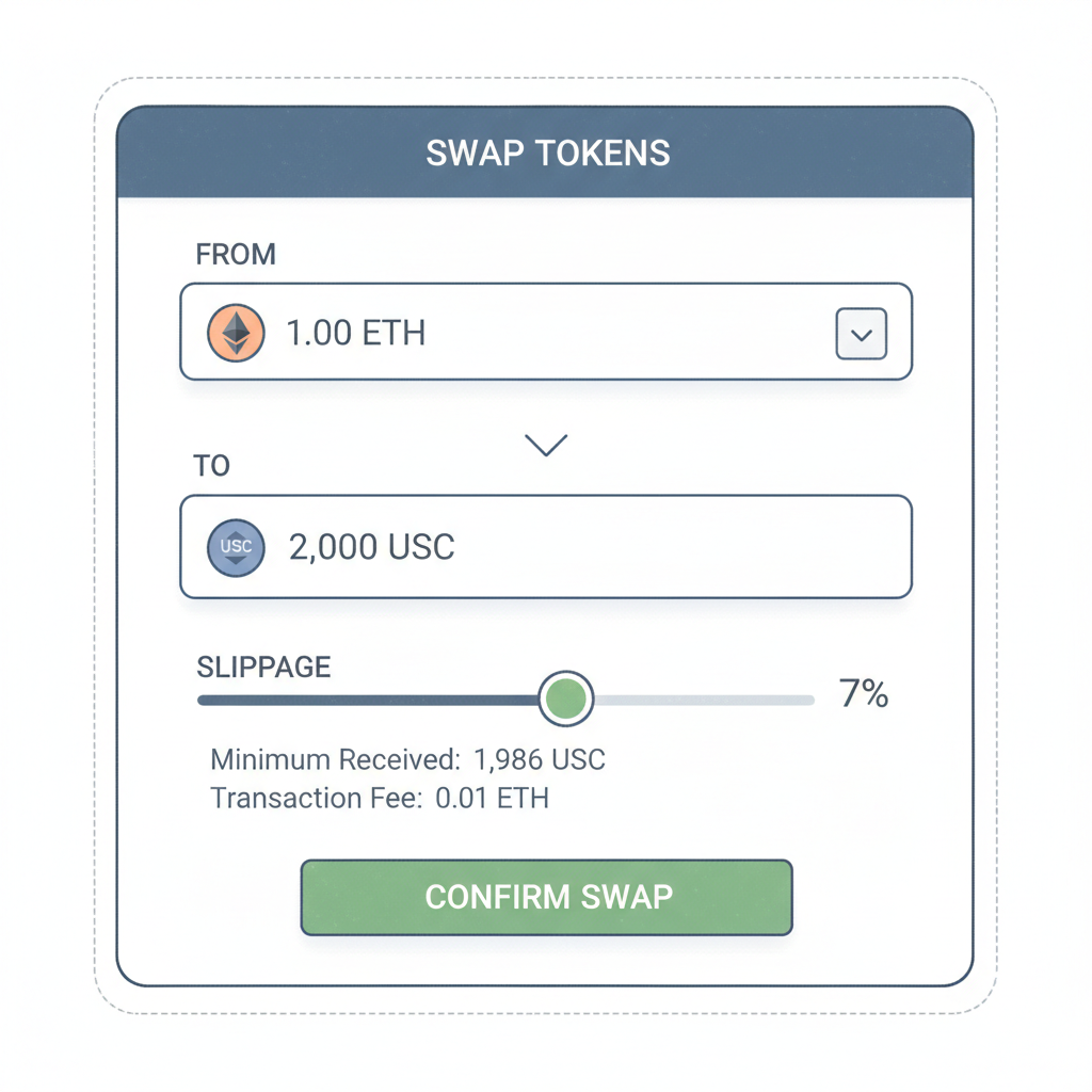 DEX swap screen with slippage slider at 7%, input fields for tokens