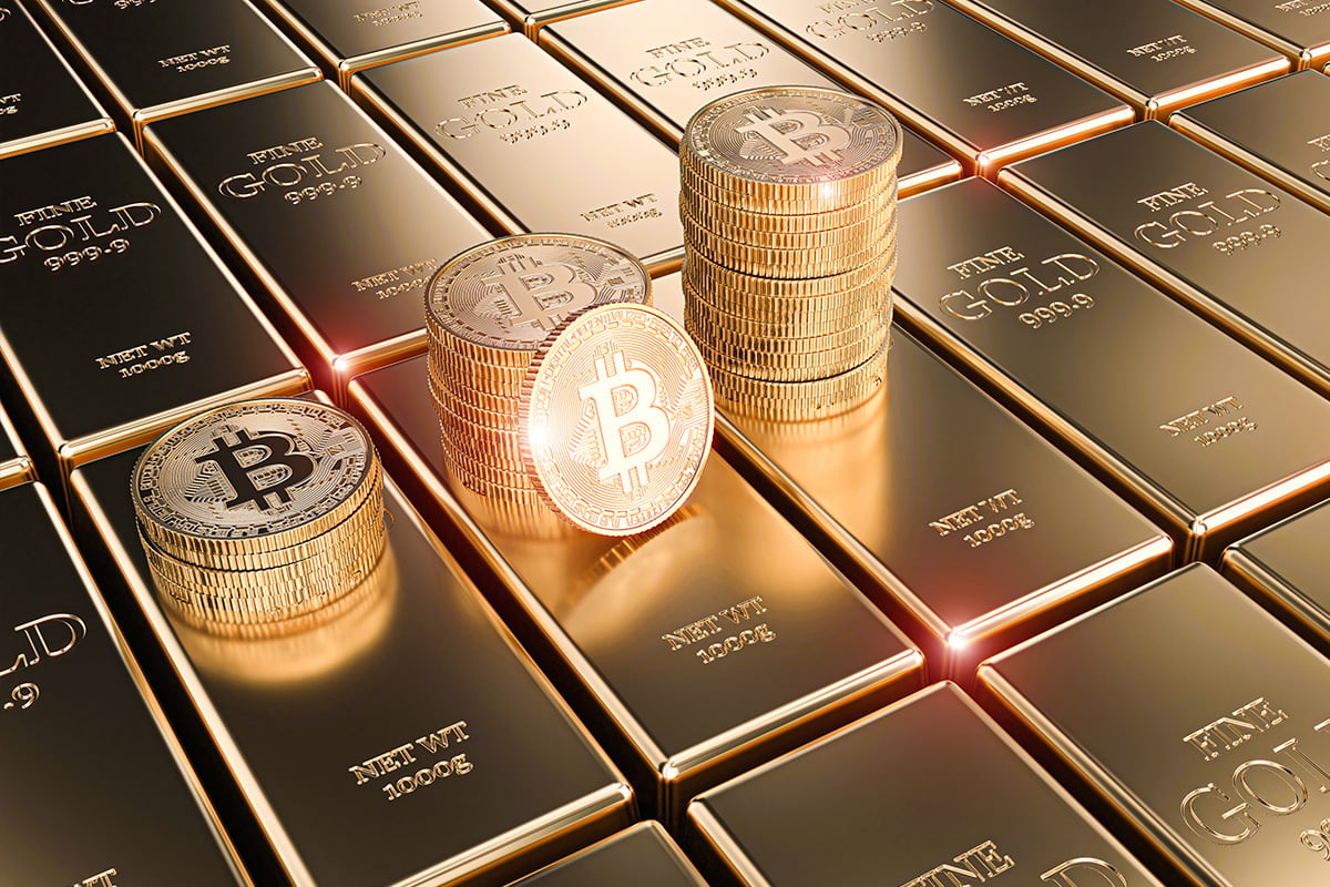 Tokenized gold coins connected by a blockchain network, representing digital ownership and modern gold investment