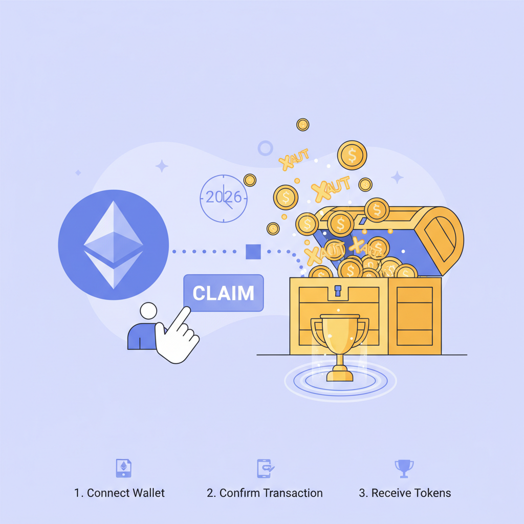 ethereum user claiming golden XAUT tokens in 2026, trophy chest opening on blockchain