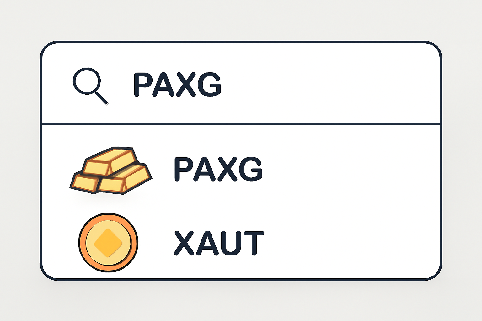 A search bar on an exchange interface with 'PAXG' and 'XAUT' results, showing gold bars and token icons, informative and modern