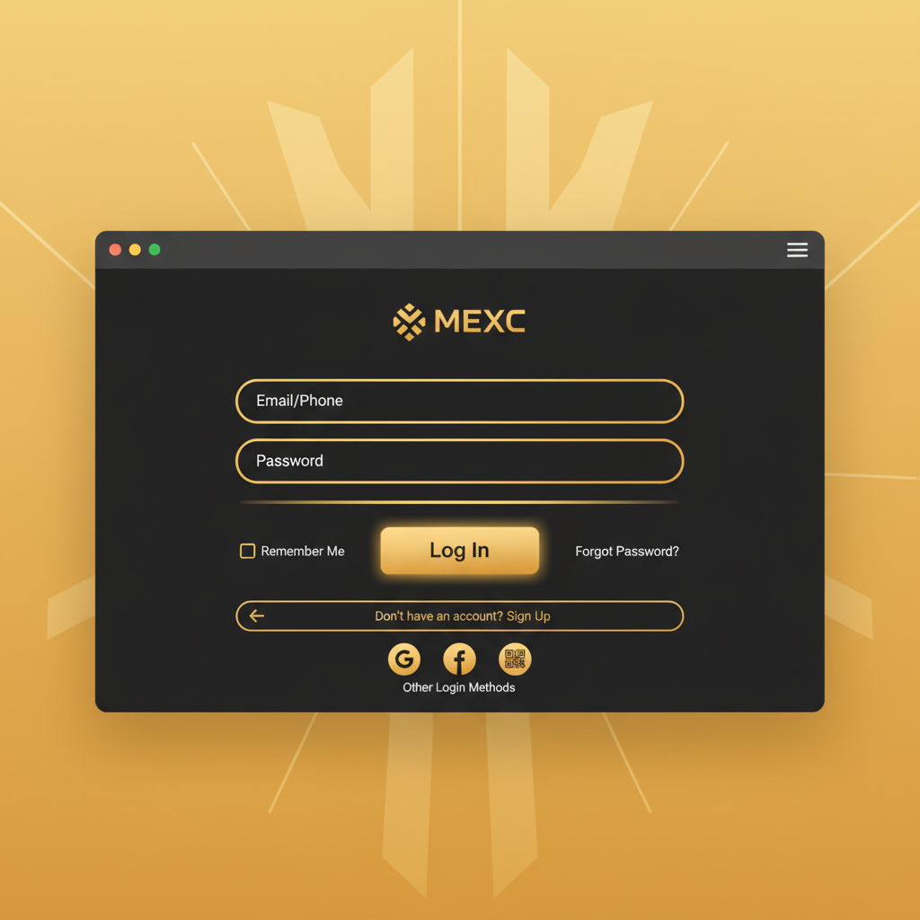 modern MEXC login screen with energetic gold theme, clean UI screenshot