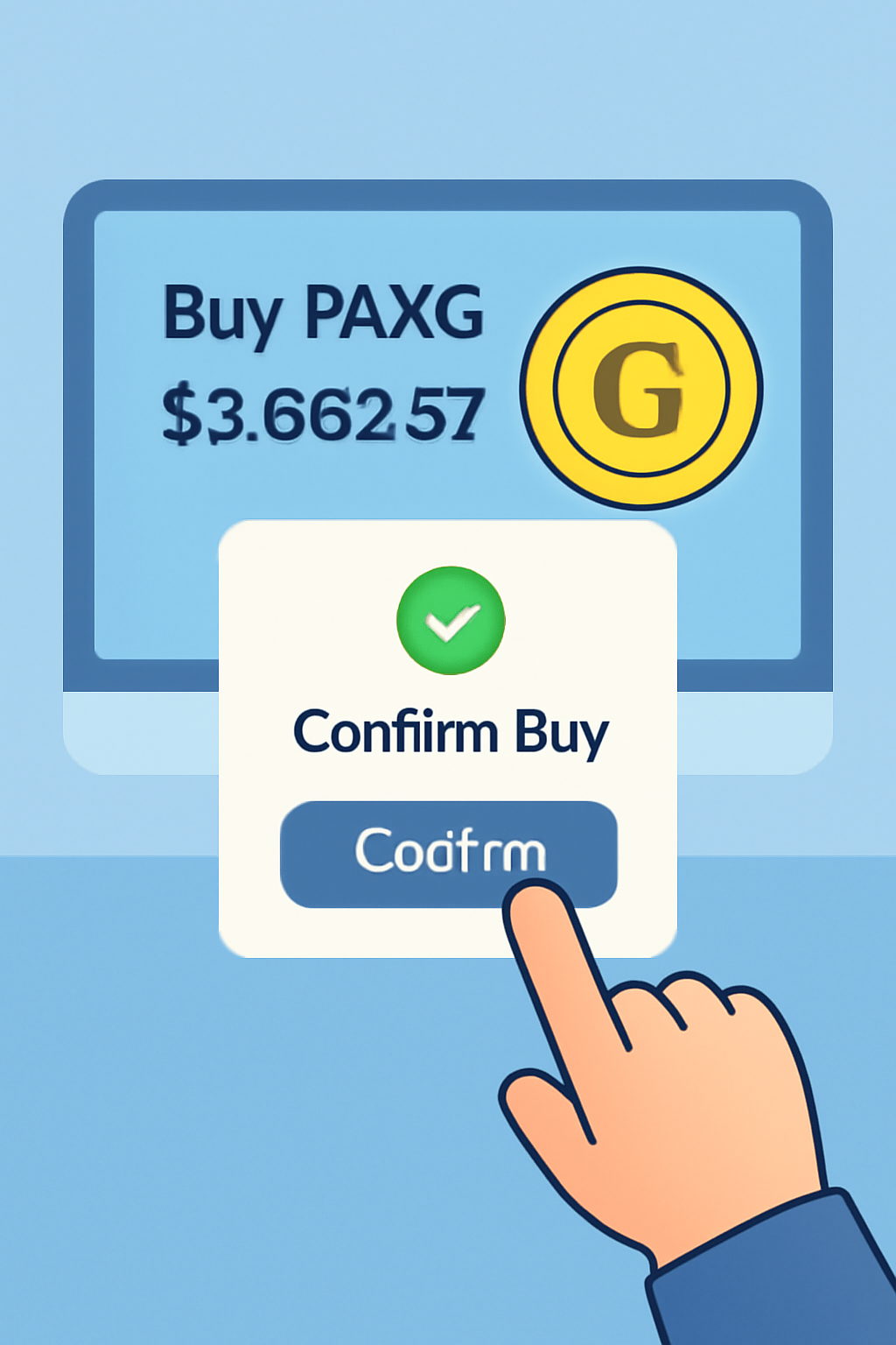 A user confirming a buy order for PAXG at $3,662.57 on an exchange, with a gold token and confirmation pop-up
