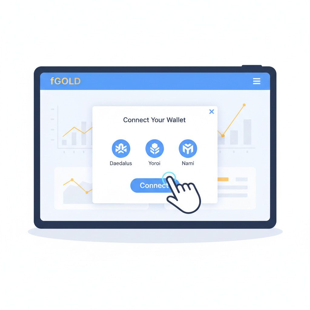Cardano wallet connection UI on fGOLD website, clean futuristic interface, user clicking connect button