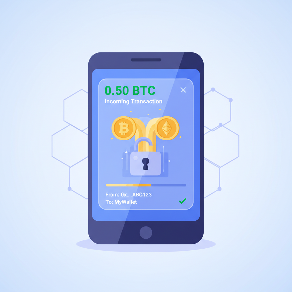 blockchain wallet receiving cryptocurrency transfer, glowing gold coins incoming, high-tech UI