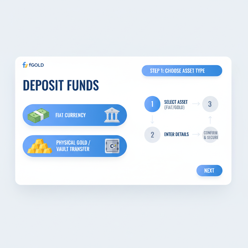 Deposit interface showing fiat/gold options on fGOLD platform, gold bars and bank icons, professional dashboard