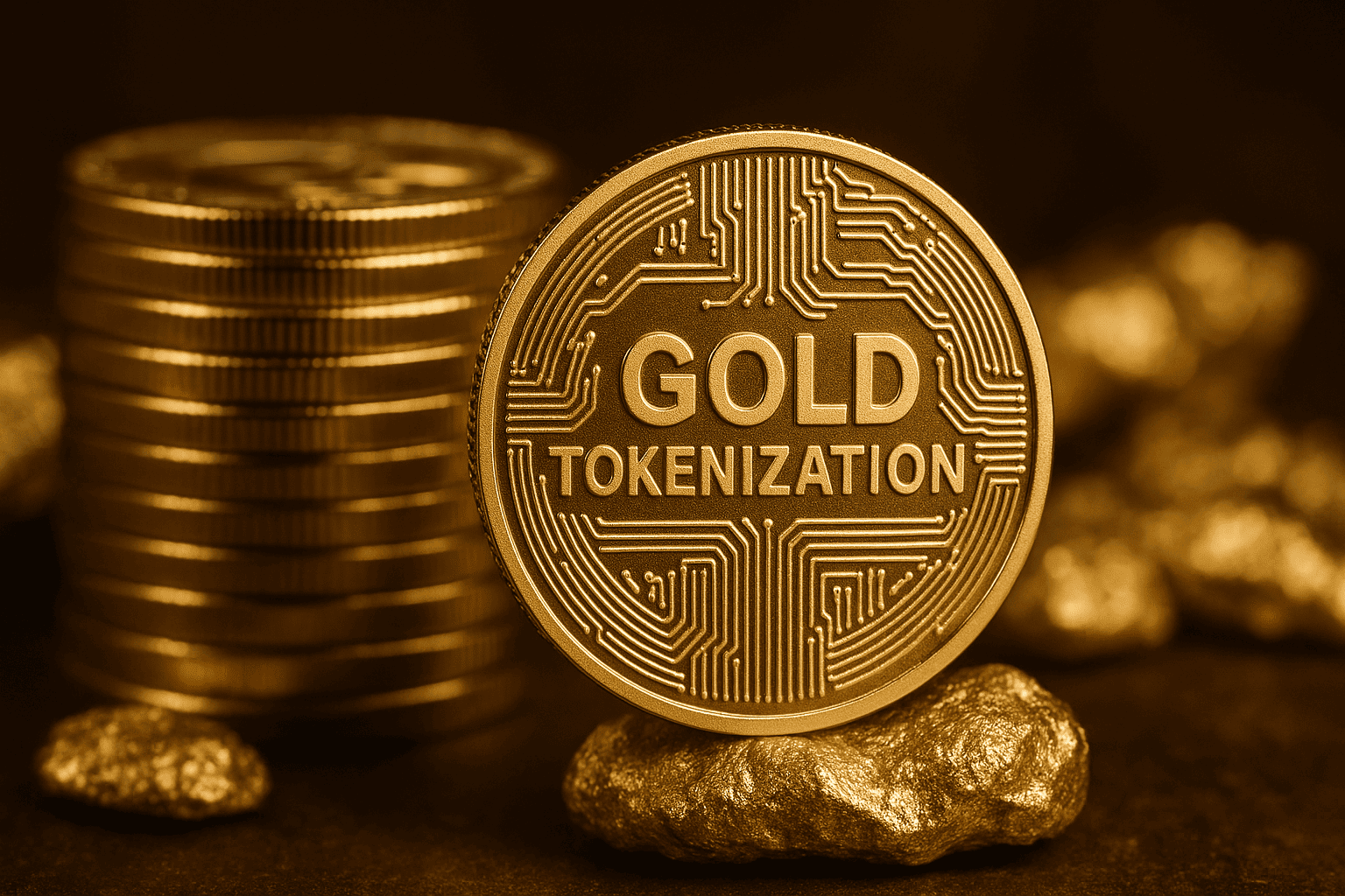Tokenized gold coins connected to blockchain nodes representing DeFi integration and 24/7 trading