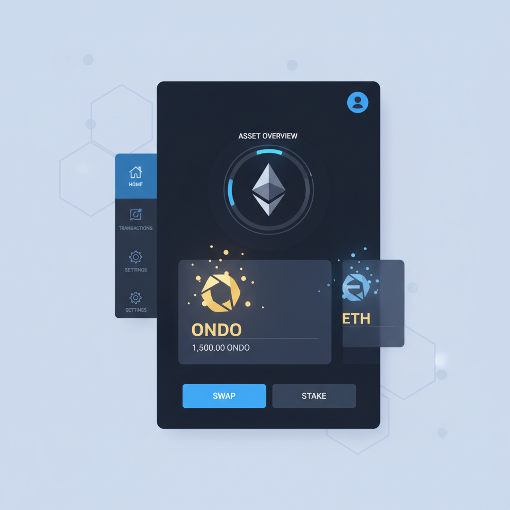 sleek ethereum wallet interface with ONDO tokens glowing gold, futuristic DeFi dashboard