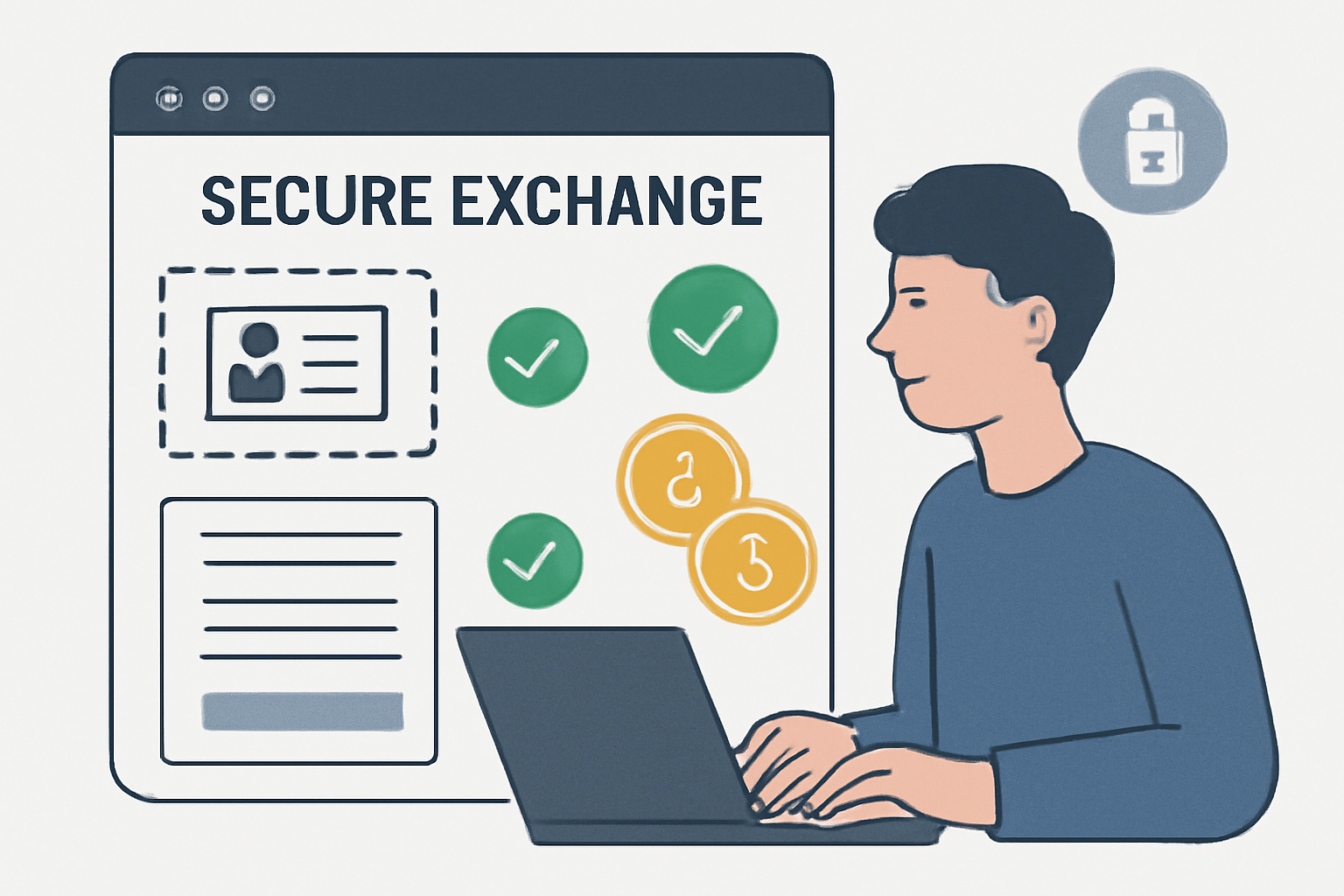 A user uploading ID documents and filling out forms on a secure exchange website, with verification checkmarks and gold token icons