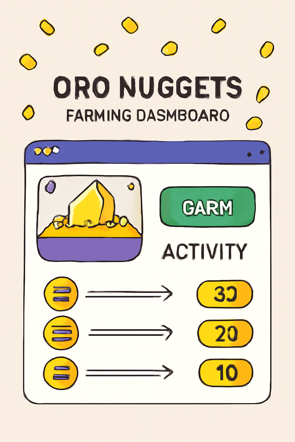 Oro Nuggets farming dashboard, golden nuggets raining, activity rewards on Solana UI
