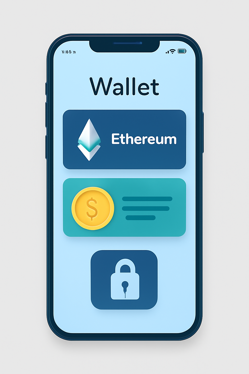 A smartphone displaying a digital wallet app, with Ethereum and gold token icons, and a secure lock symbol. Futuristic and user-friendly design.