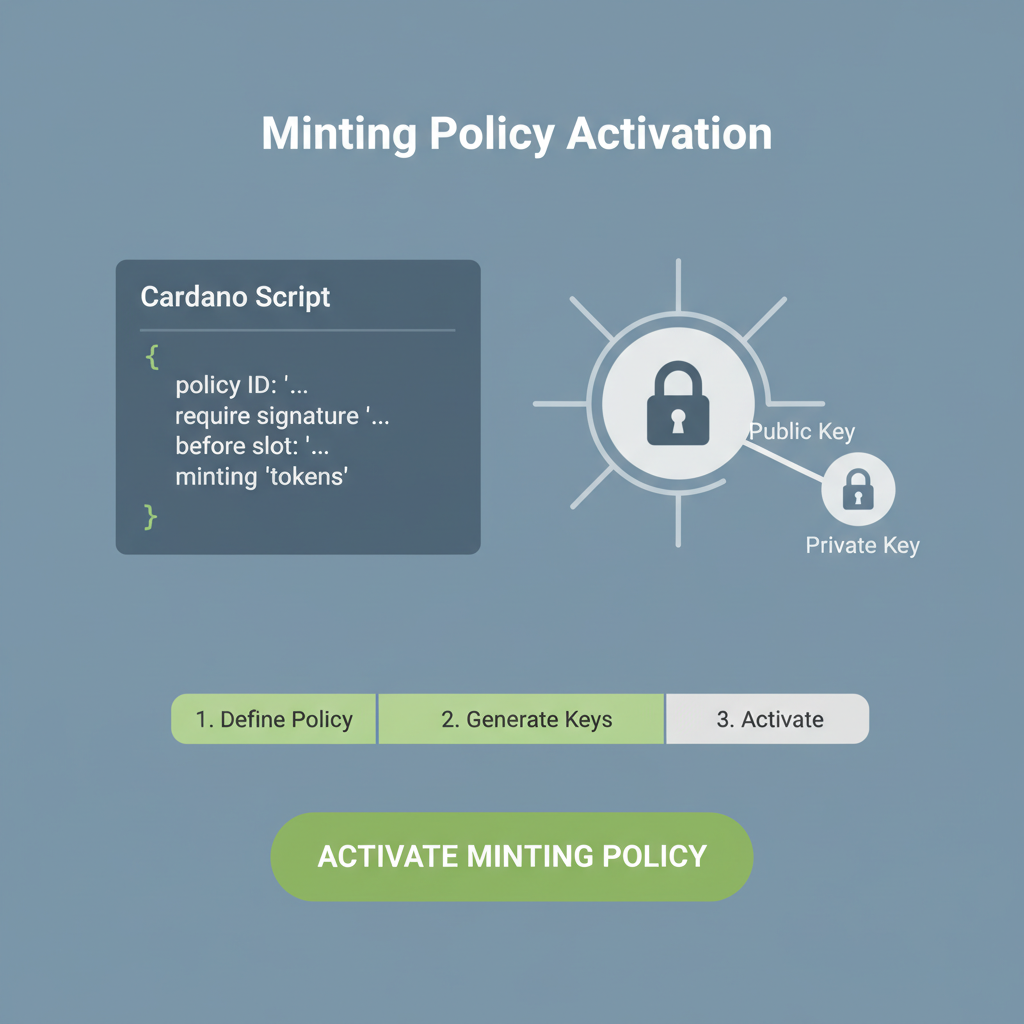 Minting policy activation screen, Cardano script code snippet, secure key generation visual