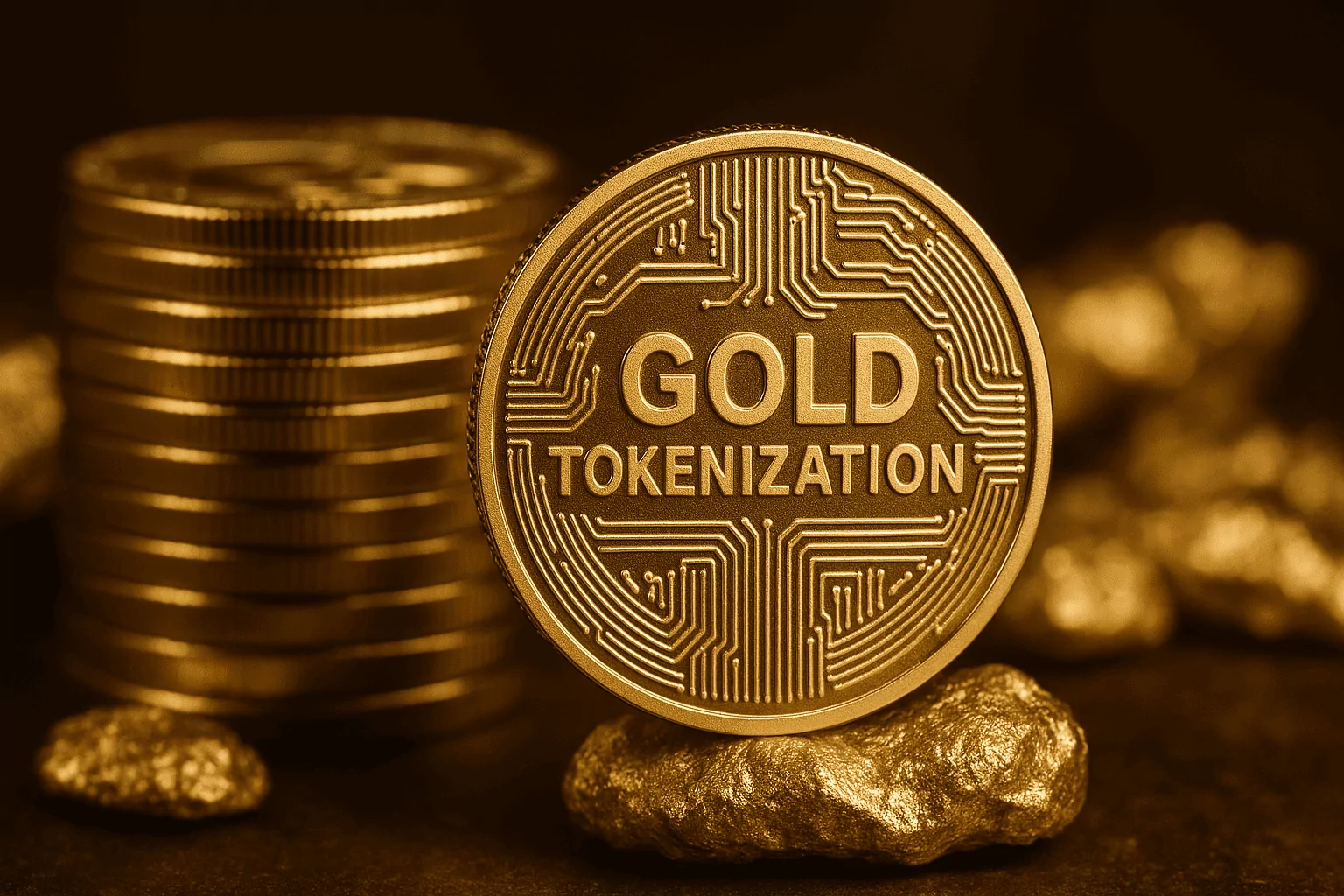 Tokenized gold assets visually connected to Solana blockchain nodes, representing digital gold ownership on Solana