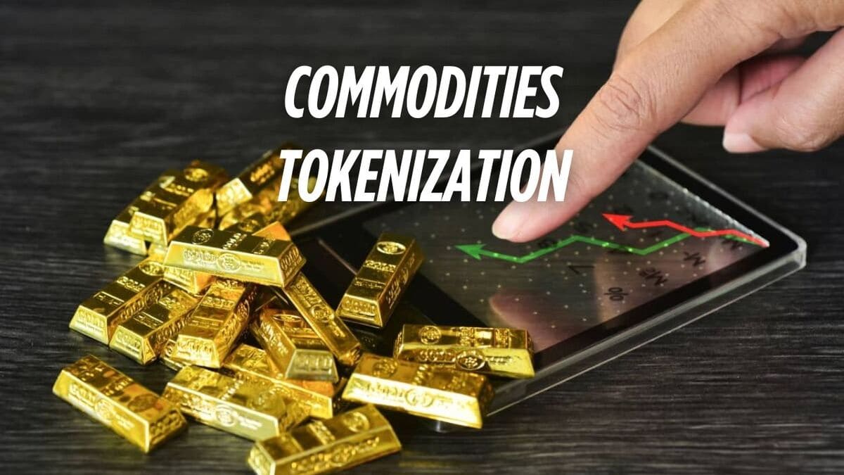 Visualization of tokenized gold bars and oil barrels connected by a blockchain network, representing sustainable investing in commodities.