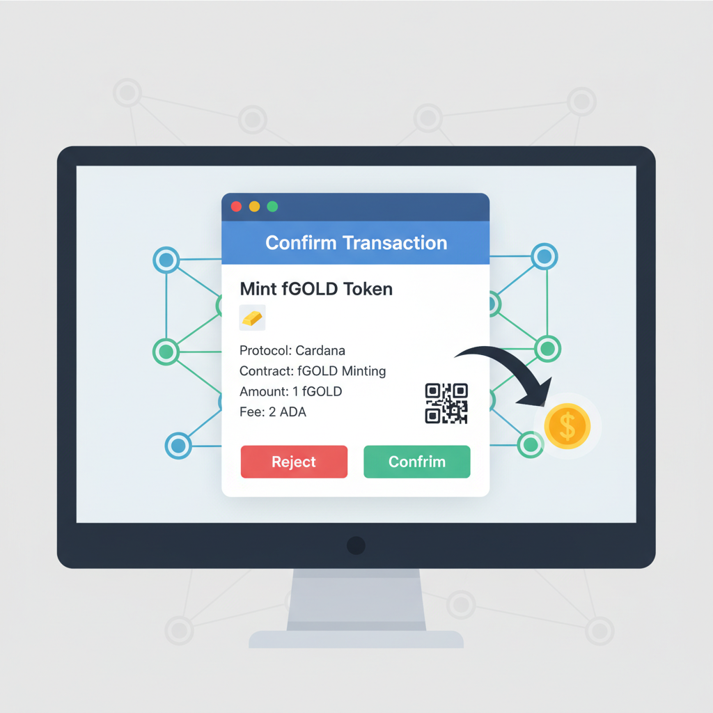 Cardano transaction signing screen for fGOLD minting, wallet popup with details and confirm button