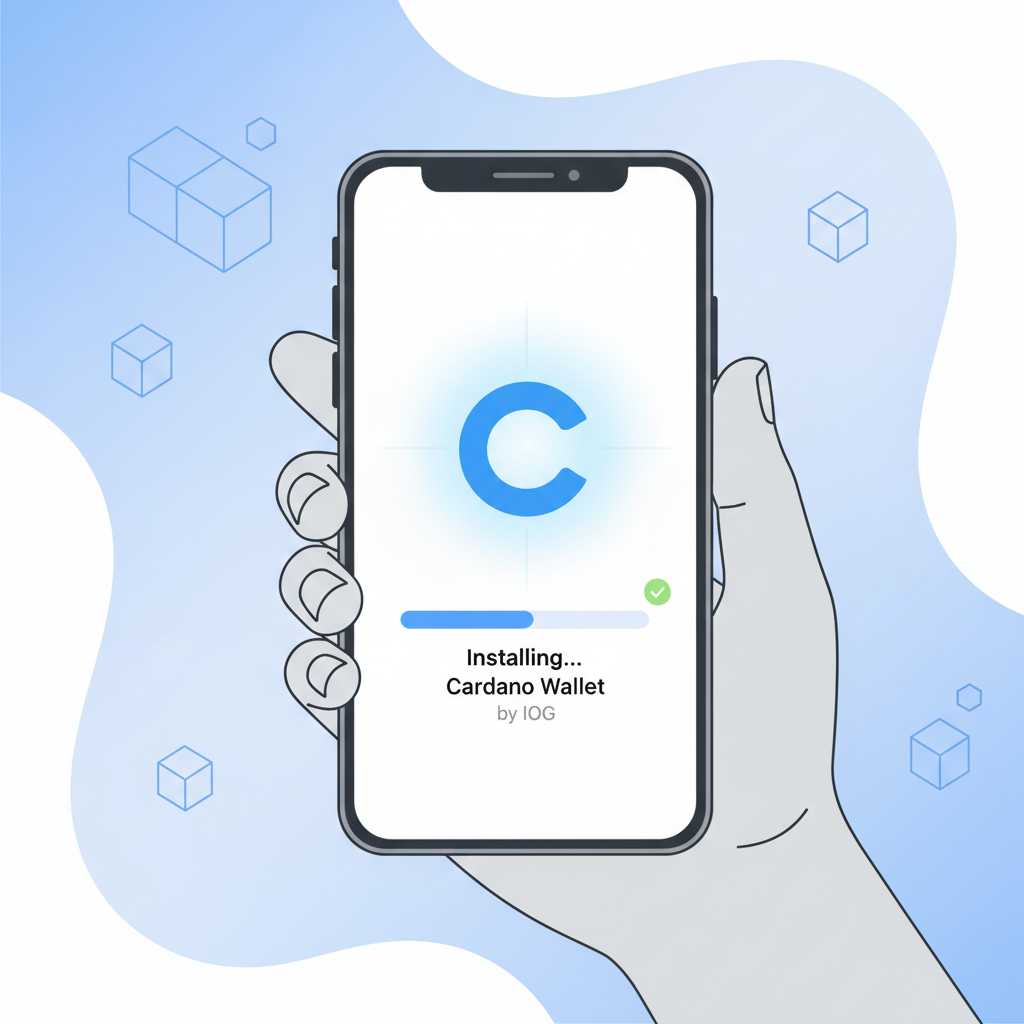 user installing Cardano wallet app on smartphone, clean modern interface, blue Cardano logo glowing
